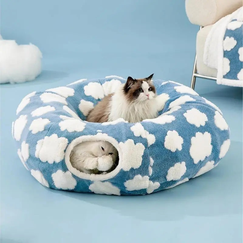 Cat Tunnel Bed – Cozy Donut Hideaway for All Sizes of Cats & Dogs, Soft Polyester Material, Calming Effect – Includes Peekaboo Cave for Kittens, Puppies & Bunnies – Multiple Sizes Available