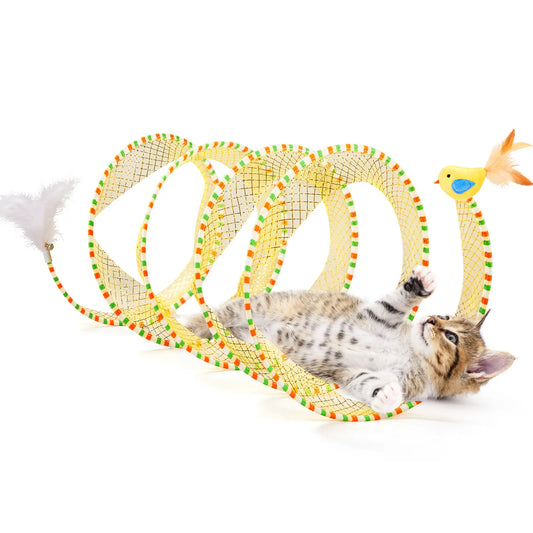Potaroma Spiral Cat Tunnel Toy - Collapsible Flexible Spring Structure, Travel-Friendly Mesh Toy with Feather & Bell, 20 Inches Unfolded for Indoor Kittens, Bird-Enticing Accessory Supporting Mental Enrichment & Encouraging Gentle Movement